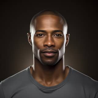 African American male lean and athleletic looking in his 30s with closely cropped hair coffee colored skin and dark eyes