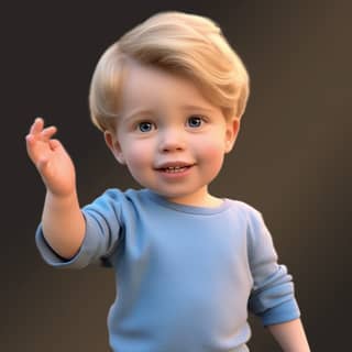 Eli is a full figure standing waving one hand 4 year old boy blonde hair blue eyes Pixar blue shirt black shorts no shoes