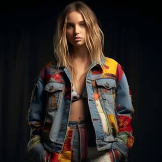 Patchwork recycled stripe pants patch-on embroidery back look of model multi print patchwork multiple pocket denim row edges