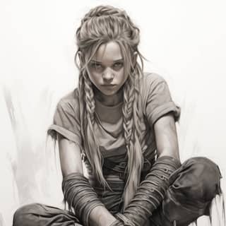 black and white pencil sketch young 13 year old girl she's a warrior with white braided hair she's crouched down with a