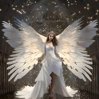 digital art of fully clothed in a white dress human-like female angel all in white looking at the camera with very large