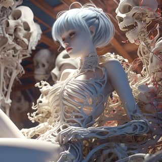 a girl is sitting next to a skeleton at the market in the style of james jean anime art made of tendrils halloween i can't