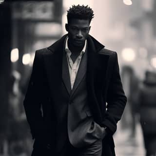 A lean Black male model walking briskly down a busy city street in stylish business casual attire with a dramatic billowing