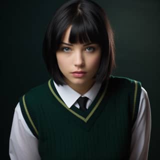 a pretty teenage girl with black hair styled into a bob cut black eyes a very fair complexion of caucasian descent with a