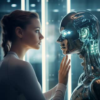 :rich colors high color depth high dynamic range human woman reaching into a mirror and touching a humanoid robotic woman