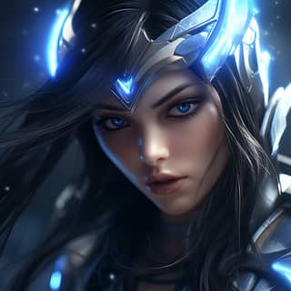 Mulher com olhos azuis e armadura brilhante, retratando a determinada e vitoriosa Irelia do League of Legends com pose fluída e dinâmica e a dança da lâmina hipnotizante.