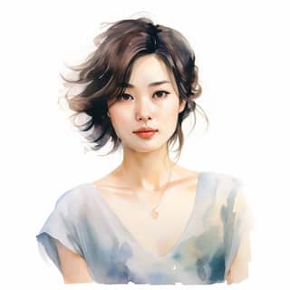 35 year old japanese woman looking thoughtful and pensive in a watercolor style on a white background ar 293:151