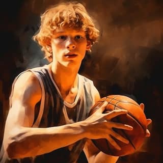 Basketball and the close-up focuses on the character gouache Oil painting style8K Bokeh Waist Short clear facial features