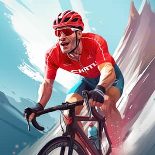 Create a striking and photorealistic digital illustration of a midjourney moment featuring a cyclist in a red cycling jersey