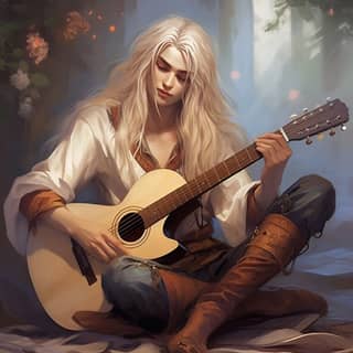 DND Aasimar Dungeons and Dragons male bard androgynous pretty long hair musician blond hair