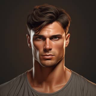 Seni digital realistik seorang lelaki dengan rambut coklat, mata gelap, tulang pipi yang tegas, dan otot yang terdefinisi dengan baik oleh pelbagai artis dalam gaya Pinterest, menjadi trending di artstation.