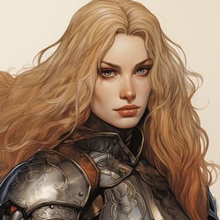 A close up of a female paladin with long blonde hair She's wearing ornate black armor 80s dark fantasy cover comicbook
