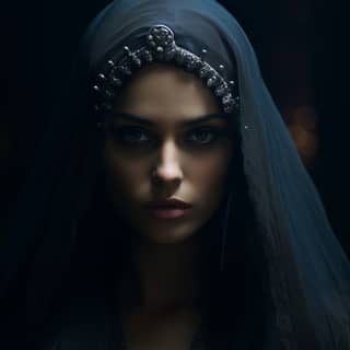 extremely beautiful veiled medieval woman in dark medieval room medieval clothes supermodel photo shoot aesthetic fashion