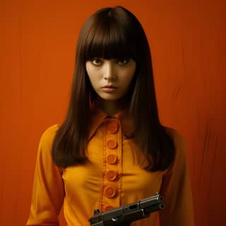 a girl dressed in orange holding a gun in the style of sumatraism post-'70s ego generation mote kei uniformly staged images