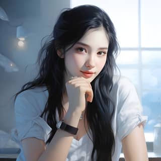 a girl with long black hair sitting by a table with a white leather watch in the style of light brown and light blue gongbi