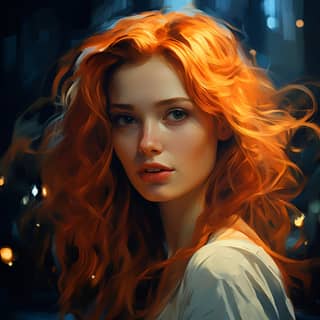 a girl with red hair at night in the style of realistic hyper-detailed rendering light white and light orange dmitry