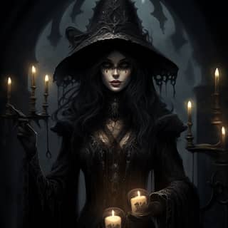 goth magus woman, a dark witch holding candles in her hand