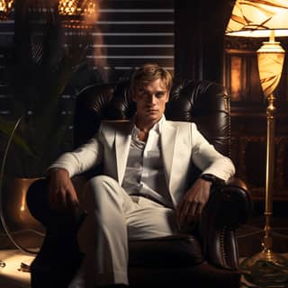 guy with fair hair in scarface in suit sat in a luxurous armchair ultrarealistic 8k