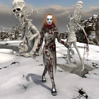 icewoman 3d, a 3d image of a zombie walking in the snow