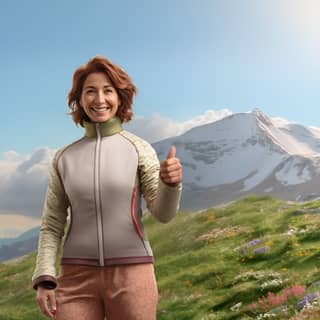 mountainclothes clear sky alpine flora scattered about right hand down to waist top quality fractal art woman in her 60s