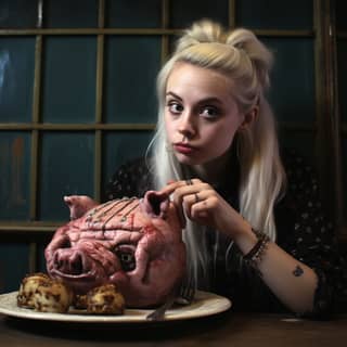 reinassance beautiful 21 years old woman eats a full pork