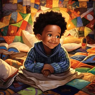 vibrant children's book illustration of a special quilts of love and magic within a large room filled with magical quilts