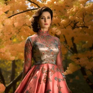 woman in oriental dress standing under floral trees in the style of samyang 14mm f/2 8 if ed umc aspherical traditional