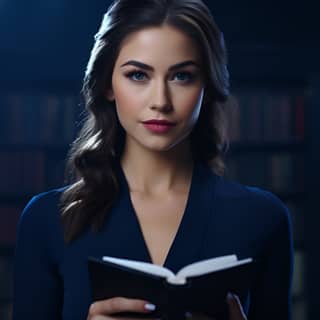 Business Woman confidently looking at the camera holding am open book on her hand