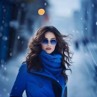 穿着蓝色大衣和墨镜的美丽女人在雪地上行走。时尚杂志上的褐发女人冬季时尚蓝色调。图像明亮，明亮，在有限的景深范围内。