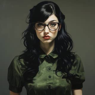 June a girl black hair green skirt black glasses, with glasses and a green shirt