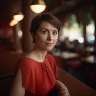 Lou Lassalle woman with short brown hair and blue eyes wearing a red dress in a restaurant Hasselblad X2D Medium Format