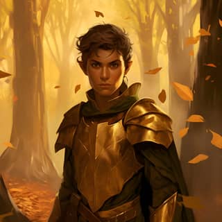 an Elven warrior longer pointy ears, in gold armor standing in the woods