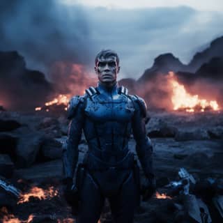 an elite soldier with blue skin standing in front of an explosion on an alien planet cinematic mode arri alexa LF Roger