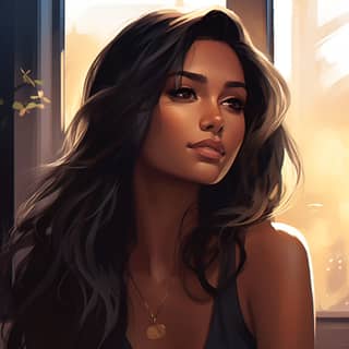 an illustration of a stunningly beautiful exotic woman long black hair round face flat nose brown eyes medium tan skin tone