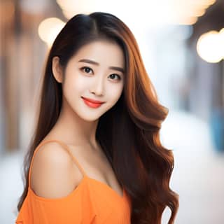 beautiful Vietnamese woman stunning medium hair cheerful photography multiple expressions and poses character sheet orange
