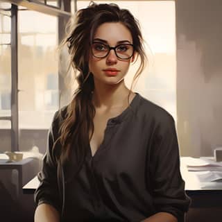 brunette tight knee-length skirt cardigan with lace collar glasses simply dressed polite hair in ponytail modern