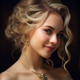 Belle femme blonde en robe bleue avec collier en or, gros plan sur un sourire éclatant et rieur sous une belle lumière naturelle.