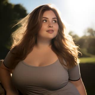 Une femme mignonne et grande taille avec de gros seins et un ventre généreux, arborant son sourire rusé et sa peau pâle, en débardeur et short au parc.