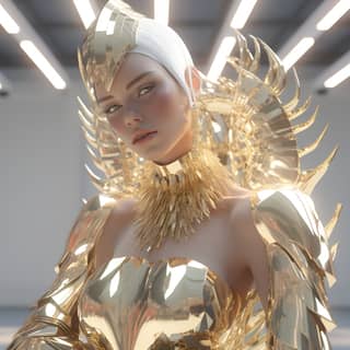 金色服装中的白发，具有3D效果。