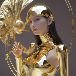 gold 3d, in a gold outfit holding a flower