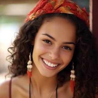 Wanita Brazil dengan rambut keriting sedang tersenyum.