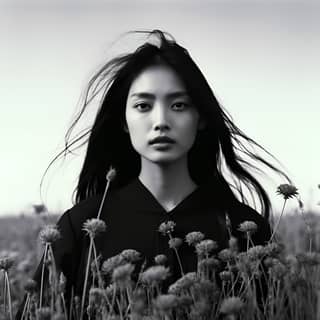 a photography a chinese women long black hair chocked in a field of flower take with a sigma art 50mm F 2 8 look like