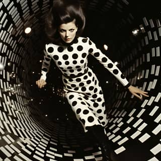 a profile view of a spy-heroine circa 1966 in a black-and-white body-suit falling through a shaft while passing chaotic
