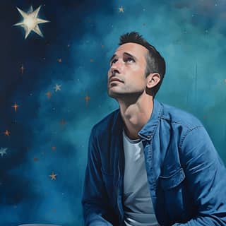 realistisch: ein starker Mann vor einer blauen Wand, sitting in front of a star