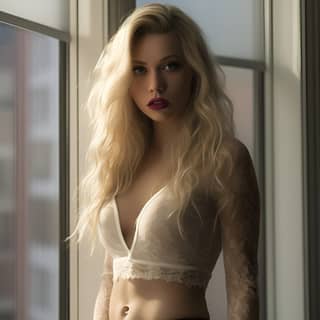 shy young adult blonde woman looking at the viewer standing next to the window long haired decent eyes and lipstick makeup