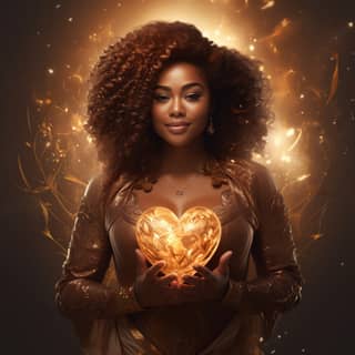 Donna afroamericana che tiene in mano un cuore luminoso, raffigurando un essere spirituale non religioso con una rappresentazione pacifica ed espressiva.