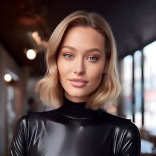 supermodel happy beautiful body feminine shiny black latex t shirt shiny black latex leggings parisian street cafe