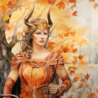 watercolor greek antiquity warrior archers woman in her 50s horns goat horns proud regal autumn colours