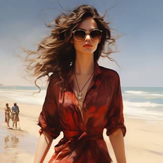 빨간 드레스를 입은 여자가 해변을 걸어 다니고 있음