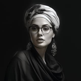 wearing glasses and a turban in black and white in the style of daz3d water drops detailed character illustrations soraya